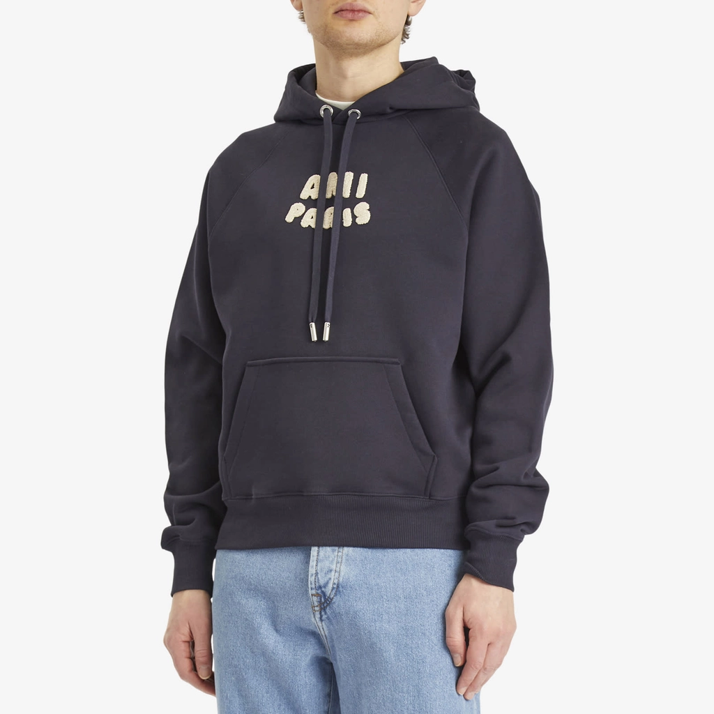 AMI Paris Men's Woven Ami Logo Jersey Hoodie Navy Blue